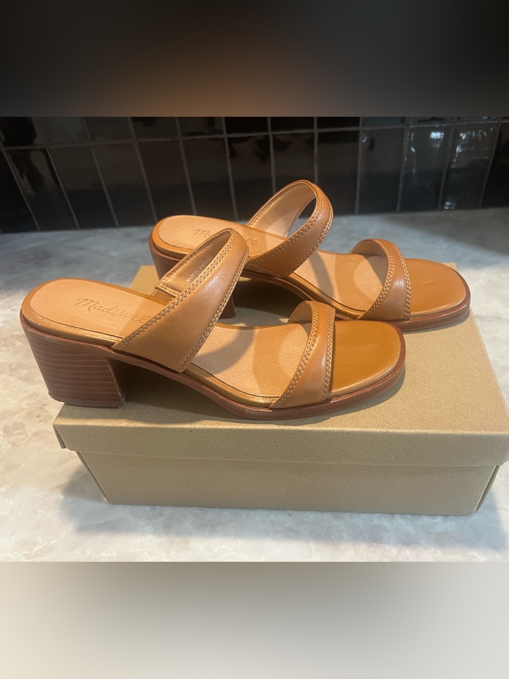 Madewell tan leather double strap heeled mules #mules #leather